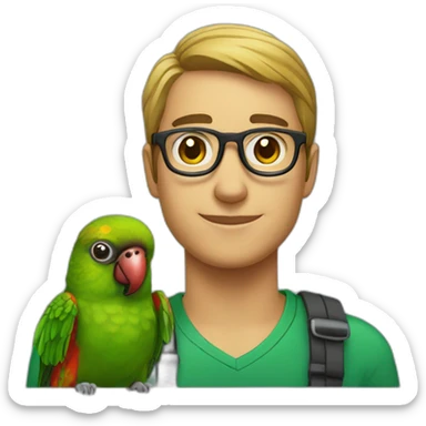 man with glasses and a green cheeked conure on his shoulder sticker