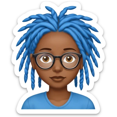 brown skin girl with blue locs, eye glasses and a black shirt sticker