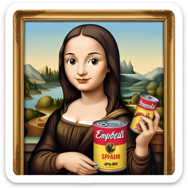 pop art warhol style monalisa holding can of spam  sticker