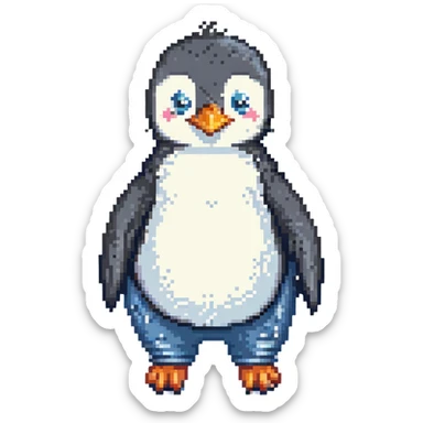 pixel art penguin with rolled-up jeans, playful expression sticker
