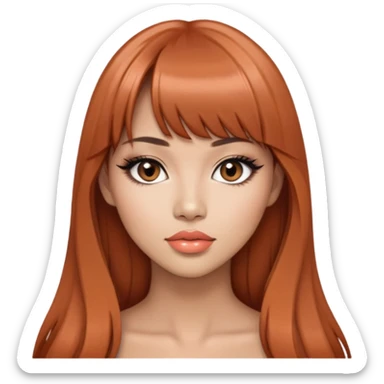 gorgeous woman, light tan skin, very long auburn hair, bangs, black eyes, peach lipstick, model, latina, asian, mixed sticker