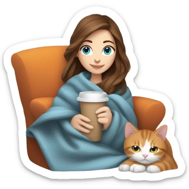 White girl with brown hair and blue eyes drinking coffee. With a white and orange cat and a blanket around them  sticker