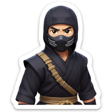 clash-of-clans-aesthetic_-cinematic-mysterious-male-ninja-portrait-emoji, rendered in a flat, vector-style with minimal shading and bold, simplified shapes, with a head slightly turned revealing intense, focused eyes, perched crouched next to an agile trained panther tiger with glossy fur moving silently through shadowed urban rooftops and moonlit alleyways. sticker