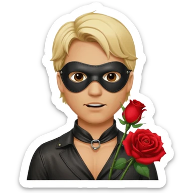blonde man with leather eye mask and leather halter neck blouse, holding rose with his mouth sticker