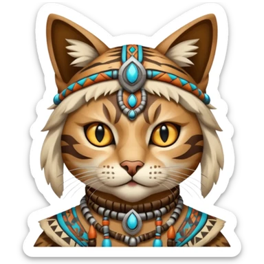 cat, wear tribal shaman cloth, half face cyberborg sticker