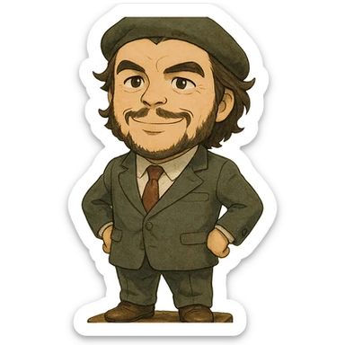 statuette of Che Guevara in a suit and tie, big head, confident smile, ghibli style sticker