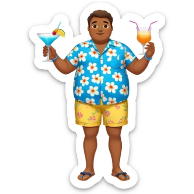 chubby guy full figure in a flowered azure havai shirt, brown shorts and flippers holding a cocktail sticker