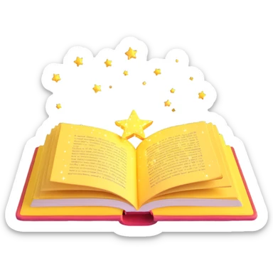 an open yellow book with sparkles and magical effects, representing knowledge sticker