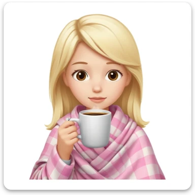cute blonde girl wrapped in pastel pink plaid blanket drinking coffee sticker