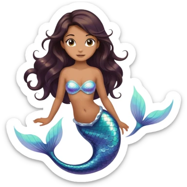 Mermaid with dark brown hair, tan skin, a holographic tail and hazel eyes in ocean sticker