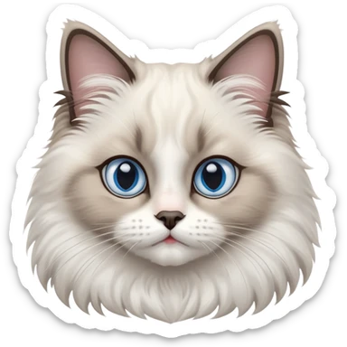 cinematic-adorable-big-eyed-fluffy-ragdoll-cat-portrait-emoji,-head-tilted-playfully-with-a-sweet-expression,-fluffy-white and grey-fur,-simplified-yet-irresistibly-cute-features-with-large,-expression, blue eyed ragdoll cat sticker
