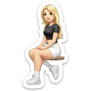 Front view full body curvy caucasian beauty sitting straight hands up black skirt white knickers white socks sticker