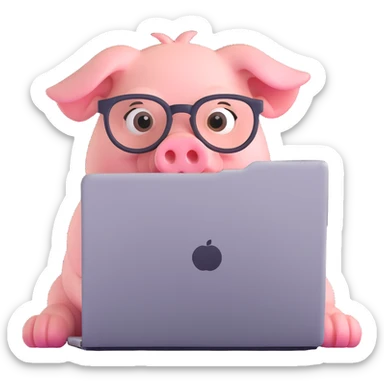 pig hacker emoji, simple, round face, glasses, typing on a laptop sticker