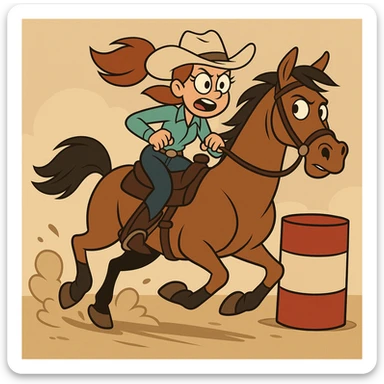 a girl barrel racing on a horse, western cartoon style sticker