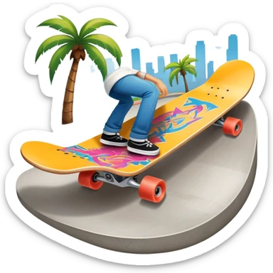 An icon featuring a skateboard resting on a smooth concrete surface. The background shows a sunny skate park with ramps, graffiti walls, and palm trees, creating an urban vibe. The skateboard is designed with vibrant colors and unique graphics. Transparent background  sticker