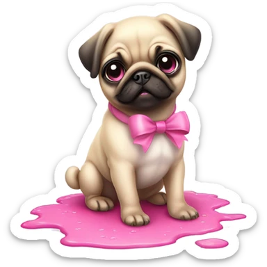Baby pug with big pink
eyes wearing a pink bow above 1 ear sitting in a puddle  sticker