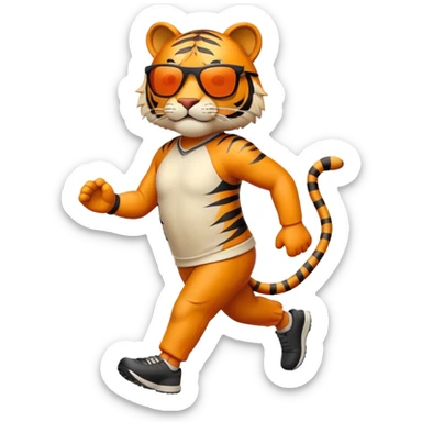 energetic anthropomorphised tiger in sports clothes, wearing dark sunglasses, walking upright sticker