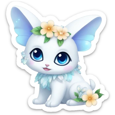 Edgy Cute Cool Kawaii gorgeous sparkly ethereal white fantasy animal with blue eyes sona with flowers and butterflies sticker