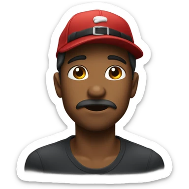 guy biting his lip while squinting his eyes with a backwards hat sticker