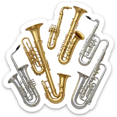 Create a professional, harmonious emoji collage symbolizing wind instruments.  The instruments should be in metallic gold, silver, and brass tones, with subtle reflections to convey a professional and polished appearance. Add soft musical notes or soundwaves to surround the instruments, creating a sense of movement and sound. The background should be transparent, ensuring all instruments are the focus and the composition remains harmonious and balanced. sticker
