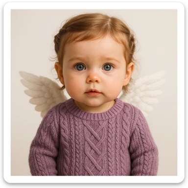 3D realistic game concept art of a cute baby girl, golden brown hair in little braids, charming blue eyes, wearing a cute purple knit sweater, with angel wings on her back, front view, clean background, high-end, creative, minimalist sticker