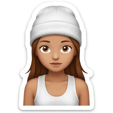 Girl with light brown skin hazel eyes long brown hair wearing a white tank top and beanie sticker