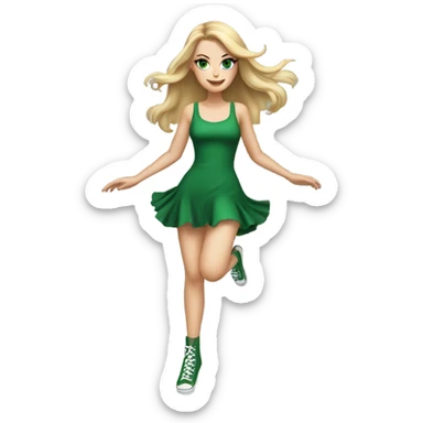 Realistic White girl with Long straight blonde hair, green eyes, tattoos, full body wearing green dress, dancing sticker