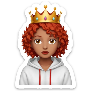Slim girl with a fine face, dark chocolate-colored and tanned skin, medium-length curly tomato-red hair, dark eyes, medium-thick eyelashes, and a crown and hoop earrings wearing a white hooded sweatshirt.
 sticker
