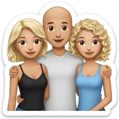 throuple tatted bald boyfriend with two girlfriends, one long blonde hair, other short curly brunette  sticker