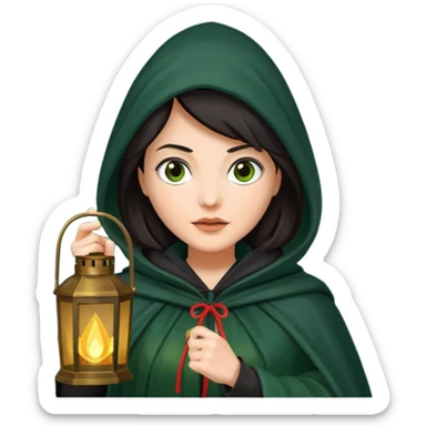 traitor tv show, dark haired woman wearing dark green cloak with hood up who looks evil and is holding up a lantern sticker