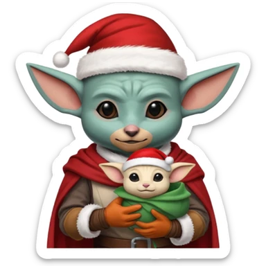mandalorian holding grogu wearing santa hat sticker