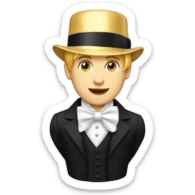 Full head young man, golden hair, white bow, white bow tie, black jacket, white waistcoat and top hat, sticker