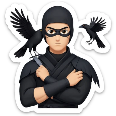 clash-of-clans-aesthetic_-cinematic-mysterious-male-ninja-portrait-emoji, rendered in a flat, vector-style with minimal shading and bold, simplified shapes, his arm is stretched out  with a head slightly turned revealing intense, focused eyes. the ninja has his arm out and perched on top of his forearm is  a  giant black crow sticker