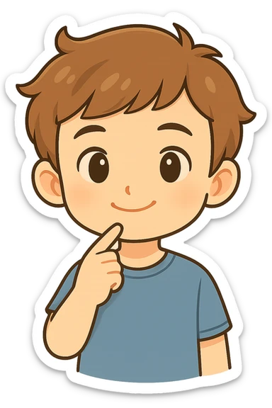 Add a finger pointing to the boy's chin, keep the chibi cartoon style, with no background. sticker