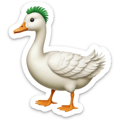Make me an emoji of a goose that is running towards something. Also make it white. Make it have a very long neck like geese do.

Can you make the goose wear green suspenders sticker