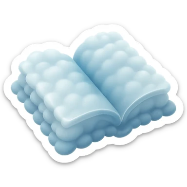 thick open book made entirely of small, very bright white fluffy convex clouds, matte glass style sticker