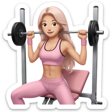 happy pretty white brunette teen long hair with hazel eyes in light pink workout clothes doing a smith machine hip thrust sticker