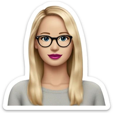 Jennifer Lawrence,  blu eyes wearing glasses and pink lipstick sticker