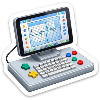 Emoji for Game Design: computer screen with Professional game development interface, 3D models, pixel art and design tools like grid, wireframe, gamepad, joystick, stylus. Symbolizes the technical and creative process of game development. Transparent background. sticker