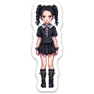 goth girl, pale skin, black hair in pigtails, spiked collar, boots, pixel art style sticker