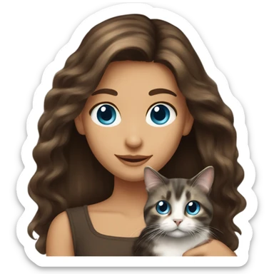 Long haired brunette blue eyed girl holding a long haired tortishell cat sticker