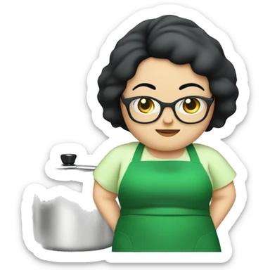 chubby lady with black hair green apron  with glasses cooking  sticker