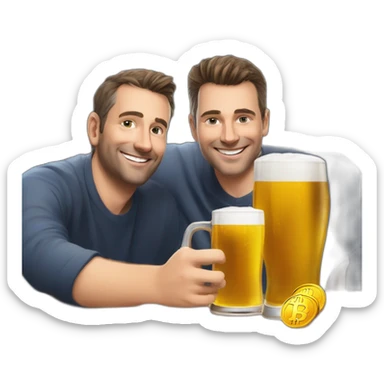 Ceo of coinhouse Nicolas louvet and ceo of cube3 Valentin Demé drinks a beer with bitcoin around him sticker