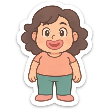 pastel toon style character with dark brown wavy hair, big brown eyes, small nose, big pink mouth, medium weight, medium height sticker