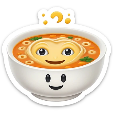 a bowl of soup with eyes and a smiley face floating on top of the soup sticker