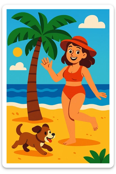 a woman in swimwear on a beach with a palm tree and a puppy, vibrant and inviting style sticker