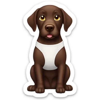 Chocolate lab wearing a diaper sticker