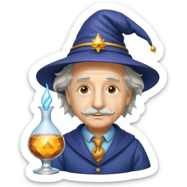 Albert Einstein, wearing wizard hat custome, with glass vase sticker