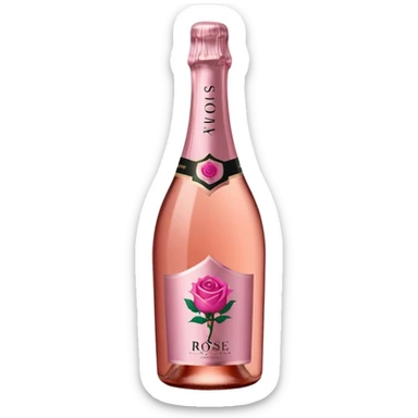 bottle of sparkling rosé with a rose logo on the label, angled to the left, no glass sticker