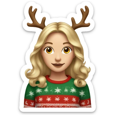 dark blond hairwd girl with christmas sweater and raindeer horns sticker